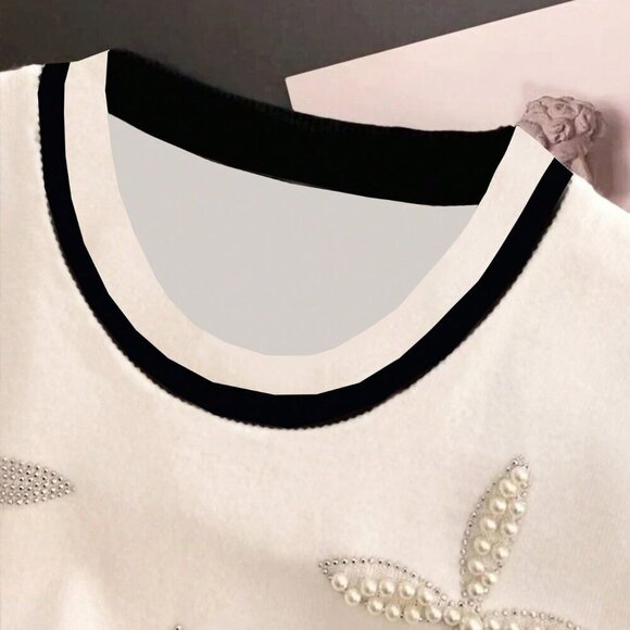 Multicolor Casual Women's Pearl Decor Round Neck Short Sleeve Knit T-Shirt - Picture 3 of 4